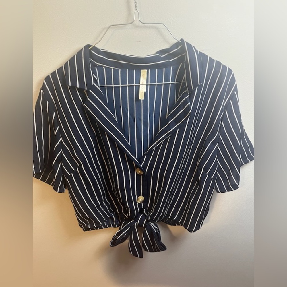 Navy with White Pin Stripe Moon Orchid Front Tie Crop Top
